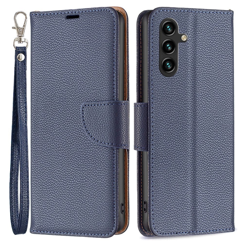 Samsung Galaxy A15 (5G) / A15 PU Litchi Læder Cover m. Pung & Strop - Blå