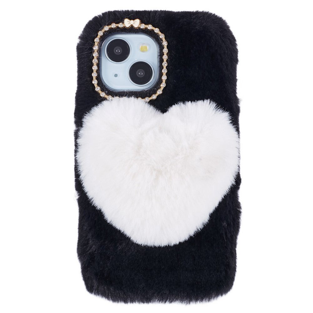 iPhone 15 Fleksibelt Plastik Cover m. Pels - Hjerte - Sort / Hvid