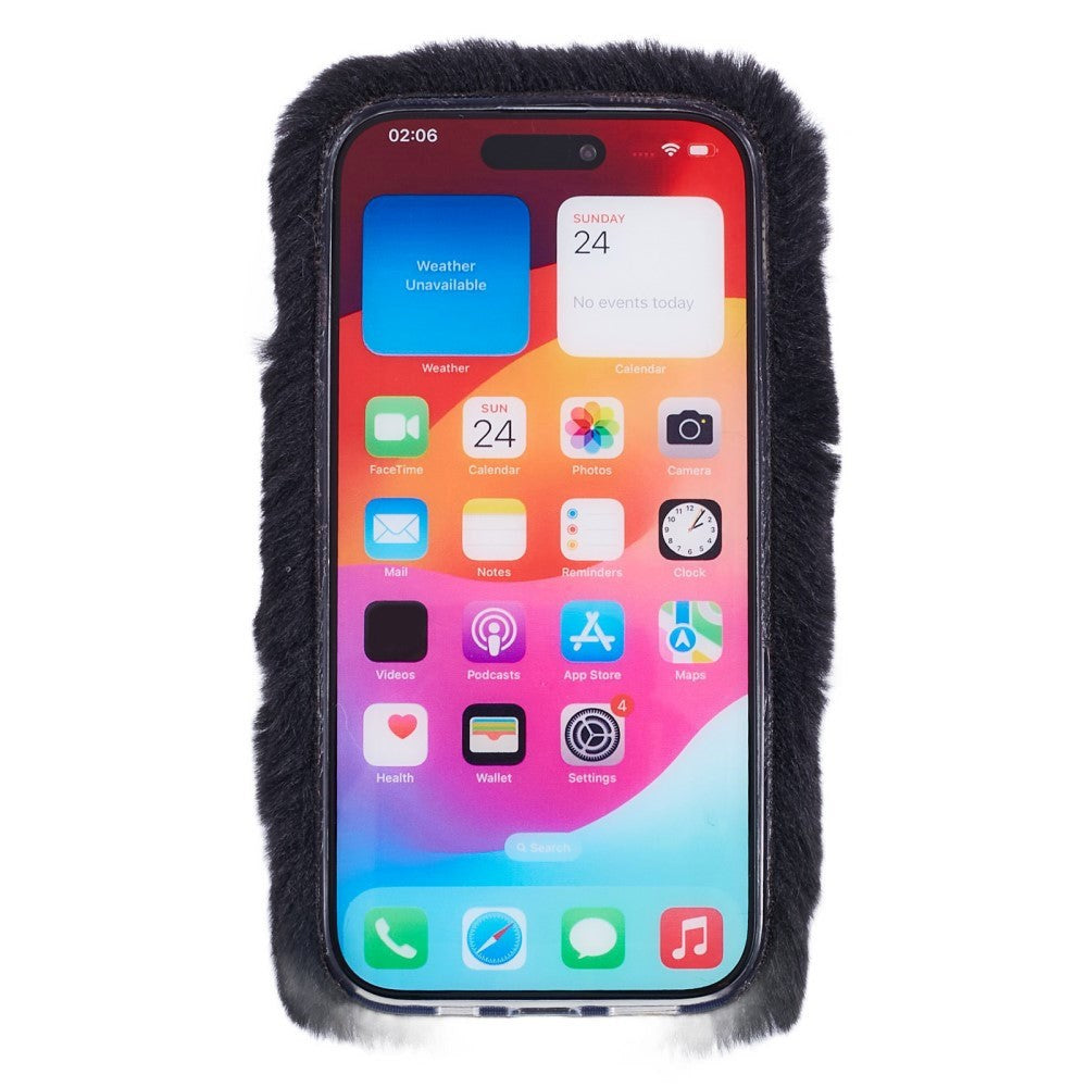 iPhone 15 Fleksibelt Plastik Cover m. Pels - Hjerte - Sort / Hvid