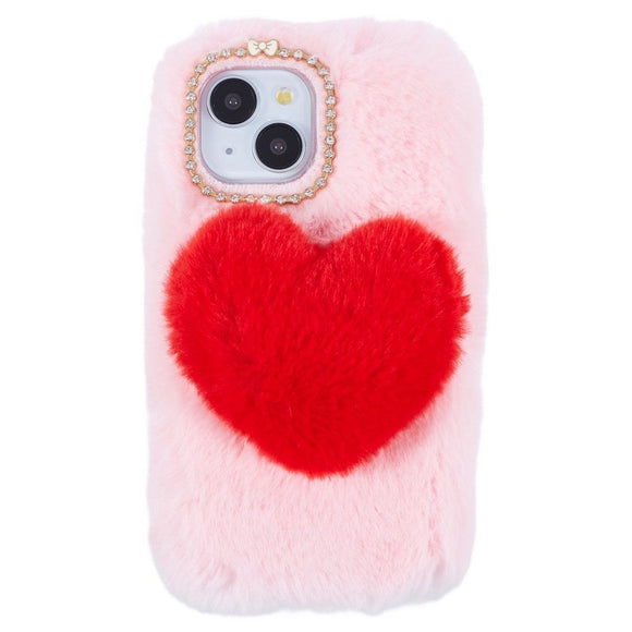 iPhone 15 Fleksibelt Plastik Cover m. Pels - Hjerte - Rød / Pink