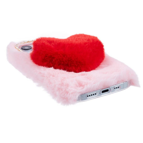 iPhone 15 Fleksibelt Plastik Cover m. Pels - Hjerte - Rød / Pink