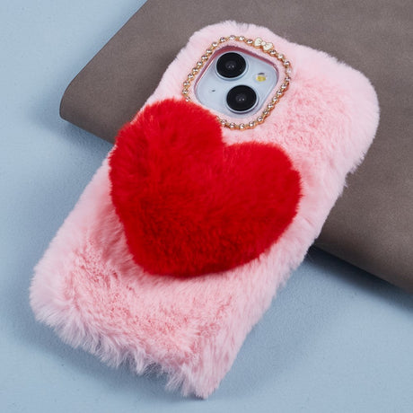 iPhone 15 Fleksibelt Plastik Cover m. Pels - Hjerte - Rød / Pink