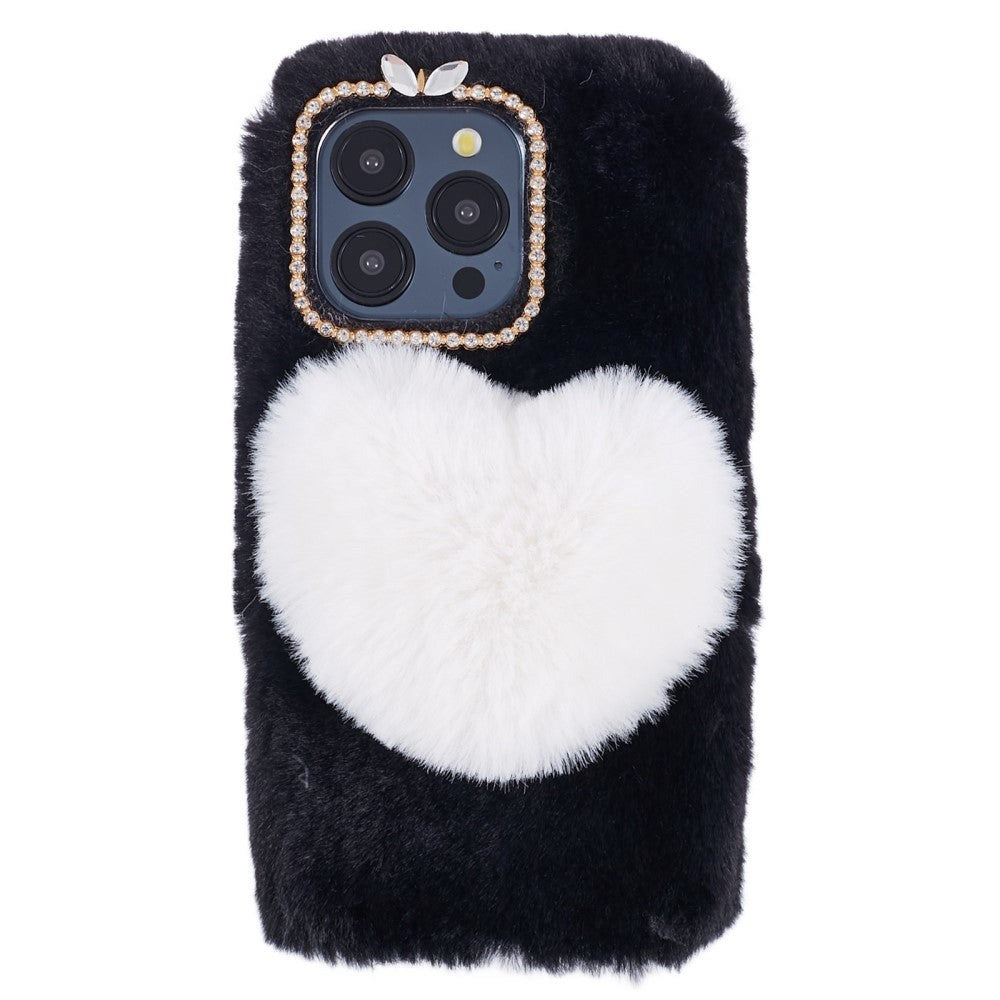 iPhone 15 Pro Fleksibelt Plastik Cover m. Pels - Hjerte - Sort / Hvid