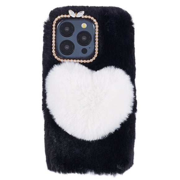 iPhone 15 Pro Fleksibelt Plastik Cover m. Pels - Hjerte - Sort / Hvid