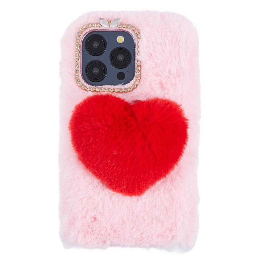 iPhone 15 Pro Fleksibelt Plastik Cover m. Pels - Hjerte - Pink / Rød