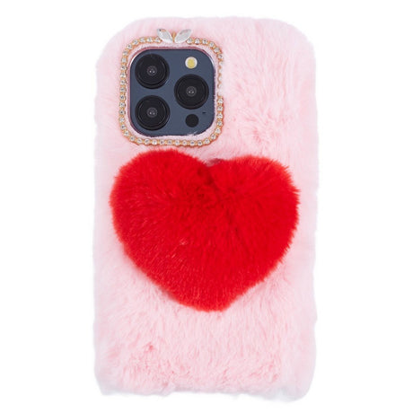iPhone 15 Pro Fleksibelt Plastik Cover m. Pels - Hjerte - Pink / Rød