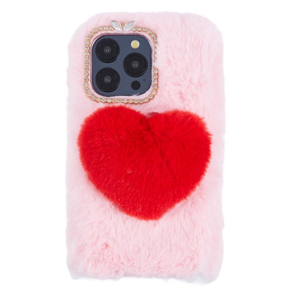 iPhone 15 Pro Fleksibelt Plastik Cover m. Pels - Hjerte - Pink / Rød