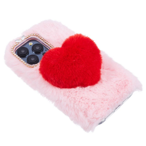 iPhone 15 Pro Fleksibelt Plastik Cover m. Pels - Hjerte - Pink / Rød