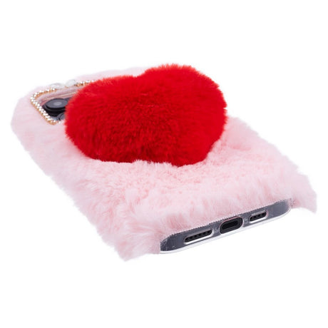 iPhone 15 Pro Fleksibelt Plastik Cover m. Pels - Hjerte - Pink / Rød