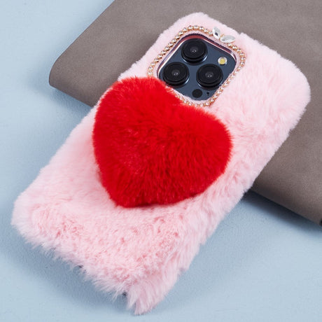 iPhone 15 Pro Fleksibelt Plastik Cover m. Pels - Hjerte - Pink / Rød