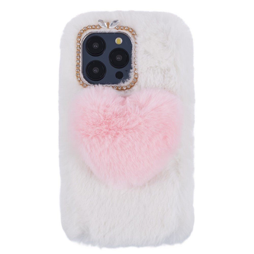iPhone 15 Pro Fleksibelt Plastik Cover m. Pels - Hjerte - Hvid / Rød