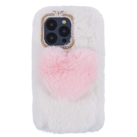 iPhone 15 Pro Fleksibelt Plastik Cover m. Pels - Hjerte - Hvid / Rød