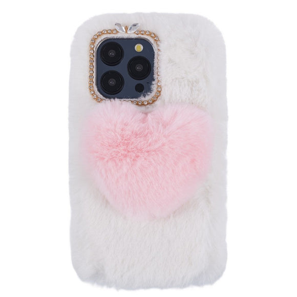 iPhone 15 Pro Fleksibelt Plastik Cover m. Pels - Hjerte - Hvid / Rød