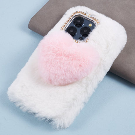 iPhone 15 Pro Fleksibelt Plastik Cover m. Pels - Hjerte - Hvid / Rød