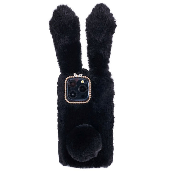 iPhone 15 Pro Fleksibelt Plastik Cover m. Pels - Kaninører - Sort