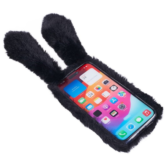iPhone 15 Pro Fleksibelt Plastik Cover m. Pels - Kaninører - Sort