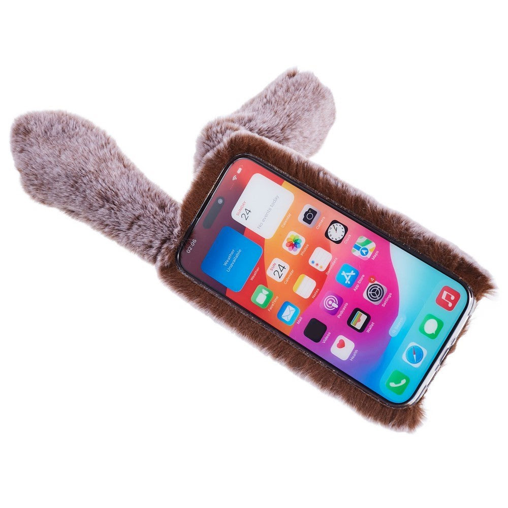 iPhone 15 Pro Fleksibelt Plastik Cover m. Pels - Kaninører - Brun