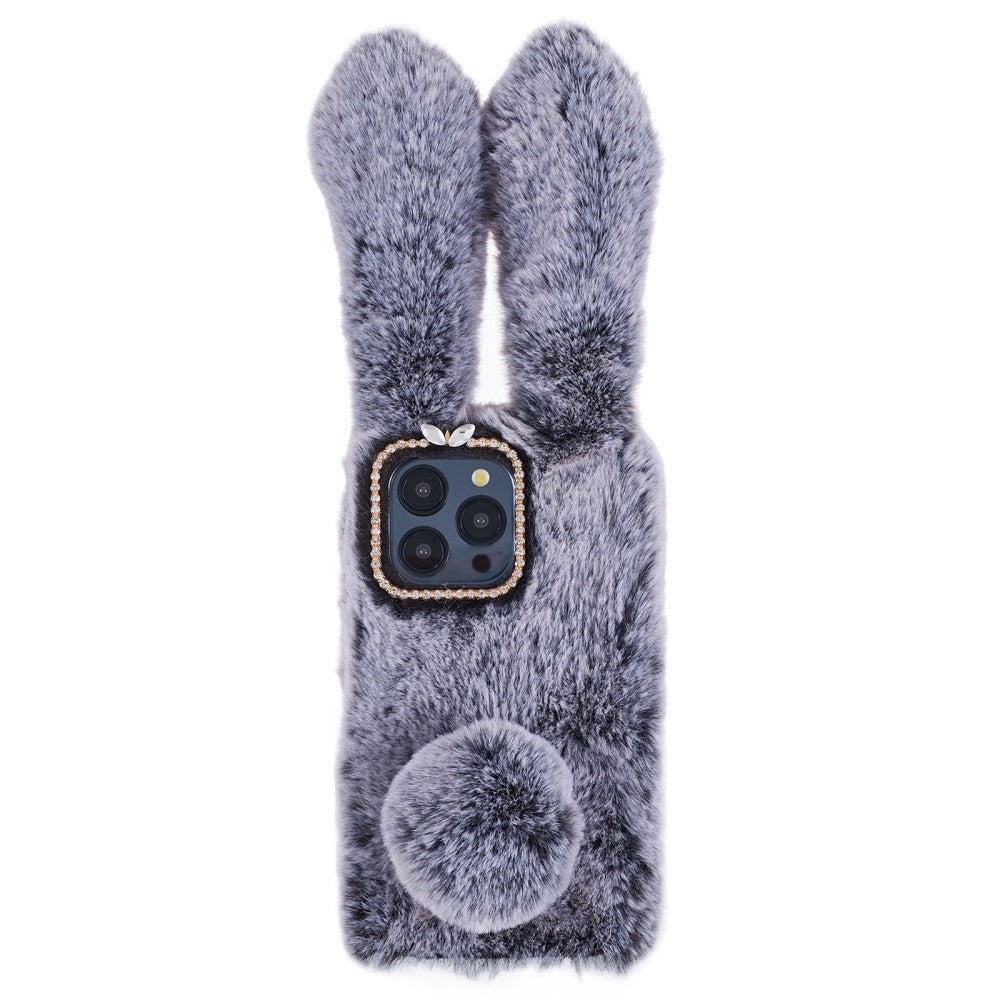 iPhone 15 Pro Fleksibelt Plastik Cover m. Pels - Kaninører - Grå