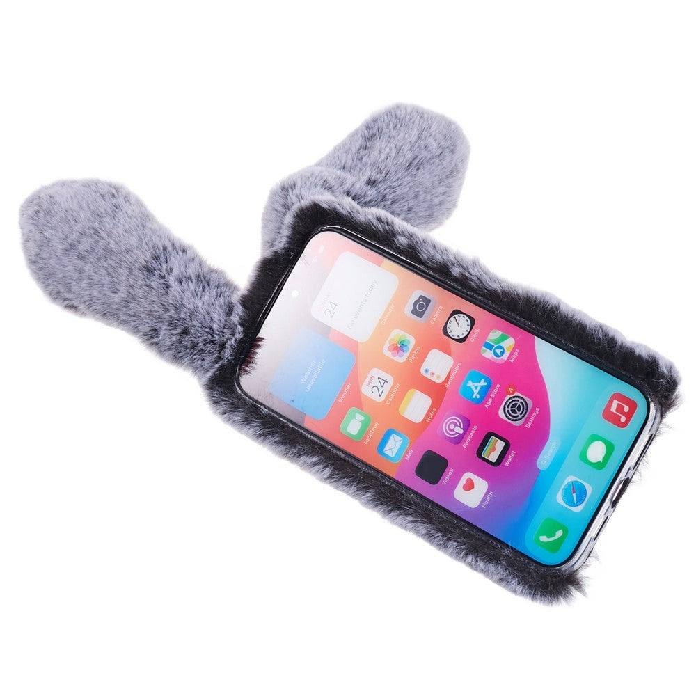 iPhone 15 Pro Fleksibelt Plastik Cover m. Pels - Kaninører - Grå