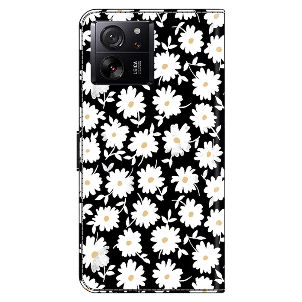 Xiaomi 13T / 13T Pro Læder Cover m. Pung & Print - Hvide Blomster