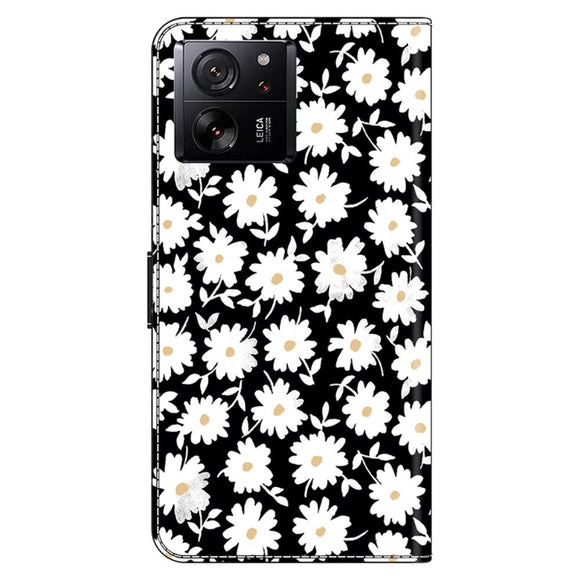 Xiaomi 13T / 13T Pro Læder Cover m. Pung & Print - Hvide Blomster