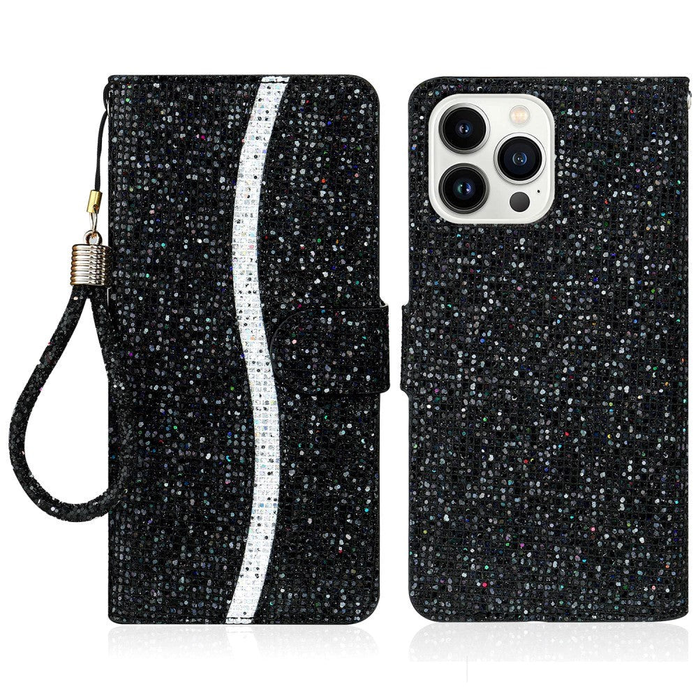 iPhone 15 Pro Læder Cover m. Pung & Strop - Glitter Design - Sort