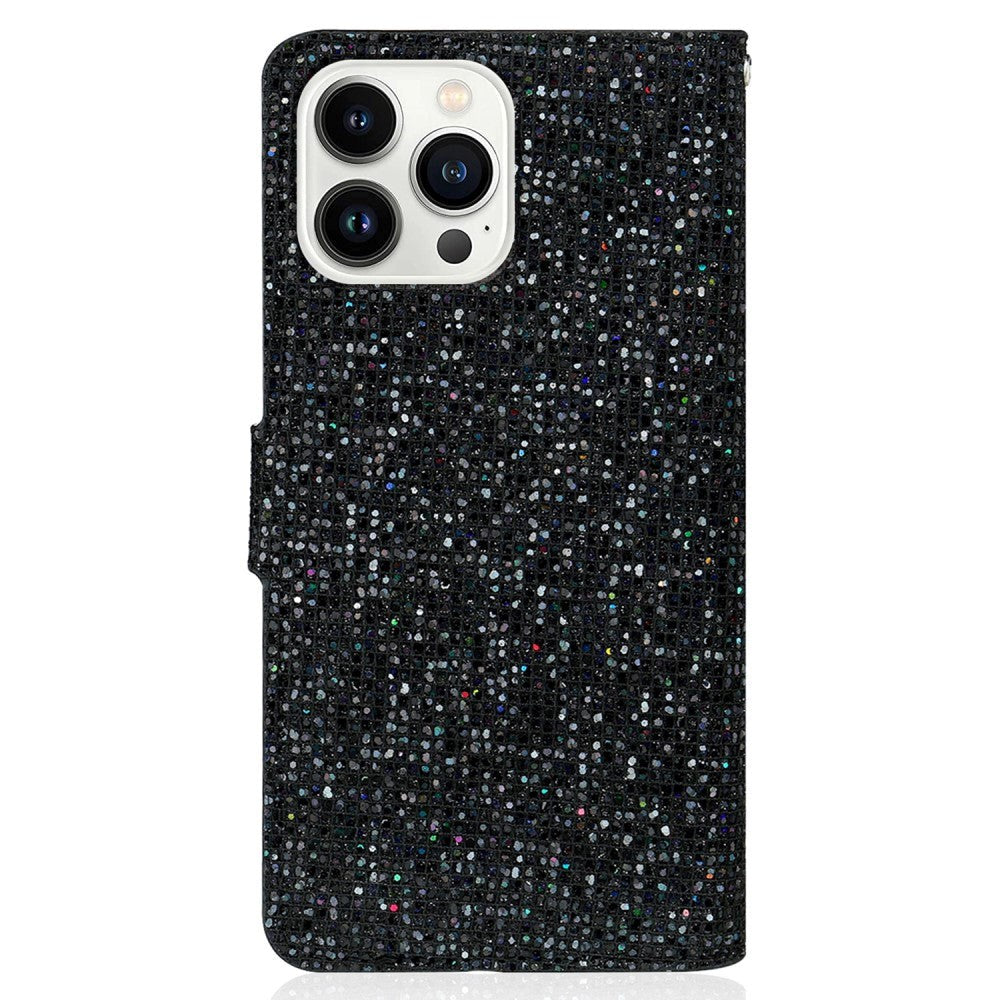 iPhone 15 Pro Læder Cover m. Pung & Strop - Glitter Design - Sort