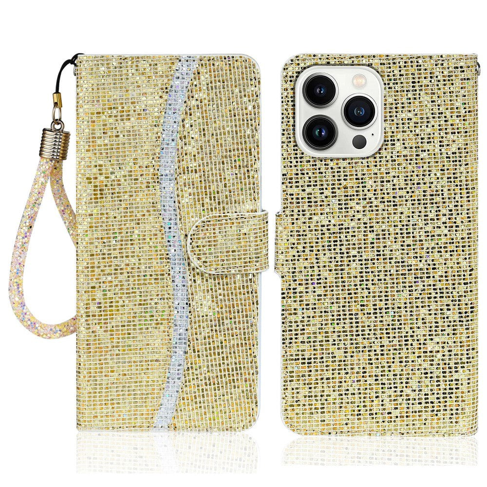 iPhone 15 Pro Læder Cover m. Pung & Strop - Glitter Design - Guld