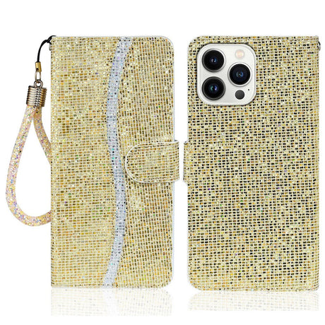 iPhone 15 Pro Læder Cover m. Pung & Strop - Glitter Design - Guld
