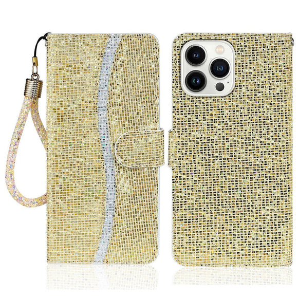 iPhone 15 Pro Læder Cover m. Pung & Strop - Glitter Design - Guld
