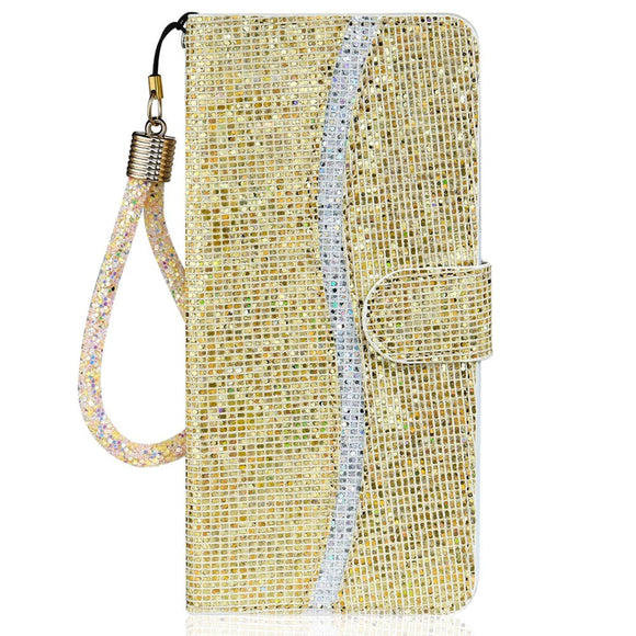 iPhone 15 Pro Læder Cover m. Pung & Strop - Glitter Design - Guld