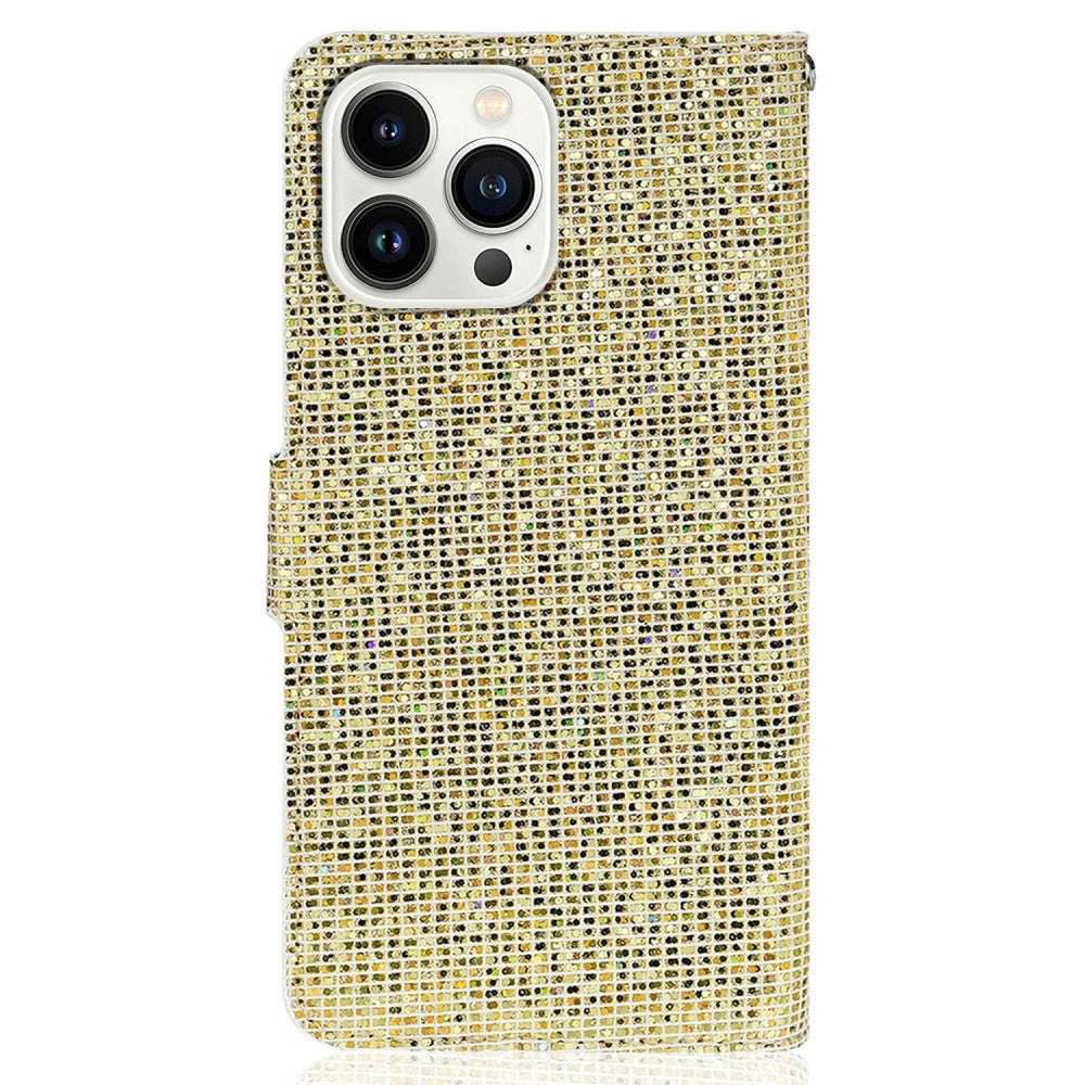 iPhone 15 Pro Læder Cover m. Pung & Strop - Glitter Design - Guld