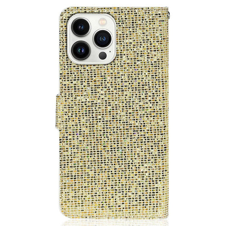 iPhone 15 Pro Læder Cover m. Pung & Strop - Glitter Design - Guld