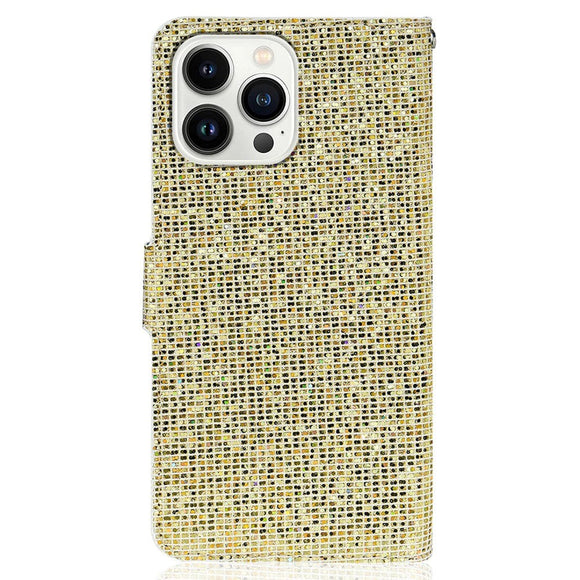 iPhone 15 Pro Læder Cover m. Pung & Strop - Glitter Design - Guld