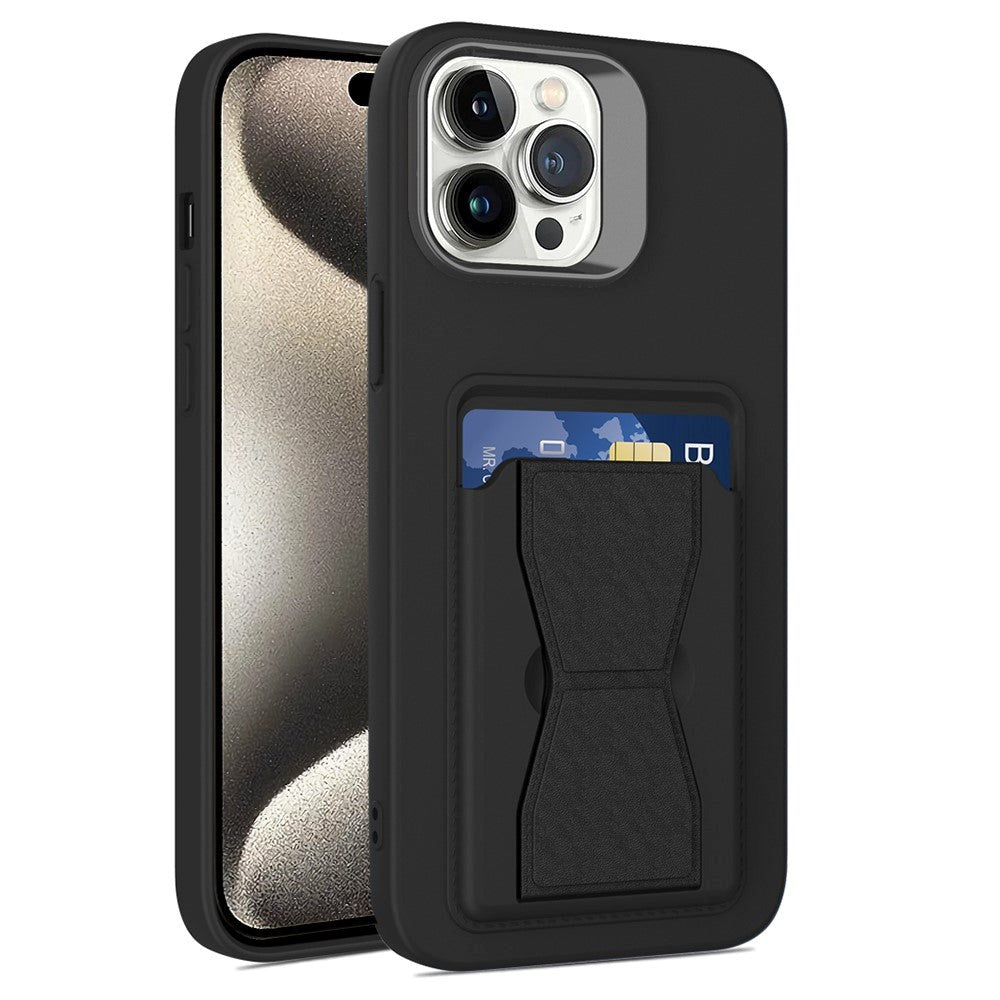 iPhone 15 Pro Fleksibelt Plastik Cover m. Kortholder & Kickstand - Sort