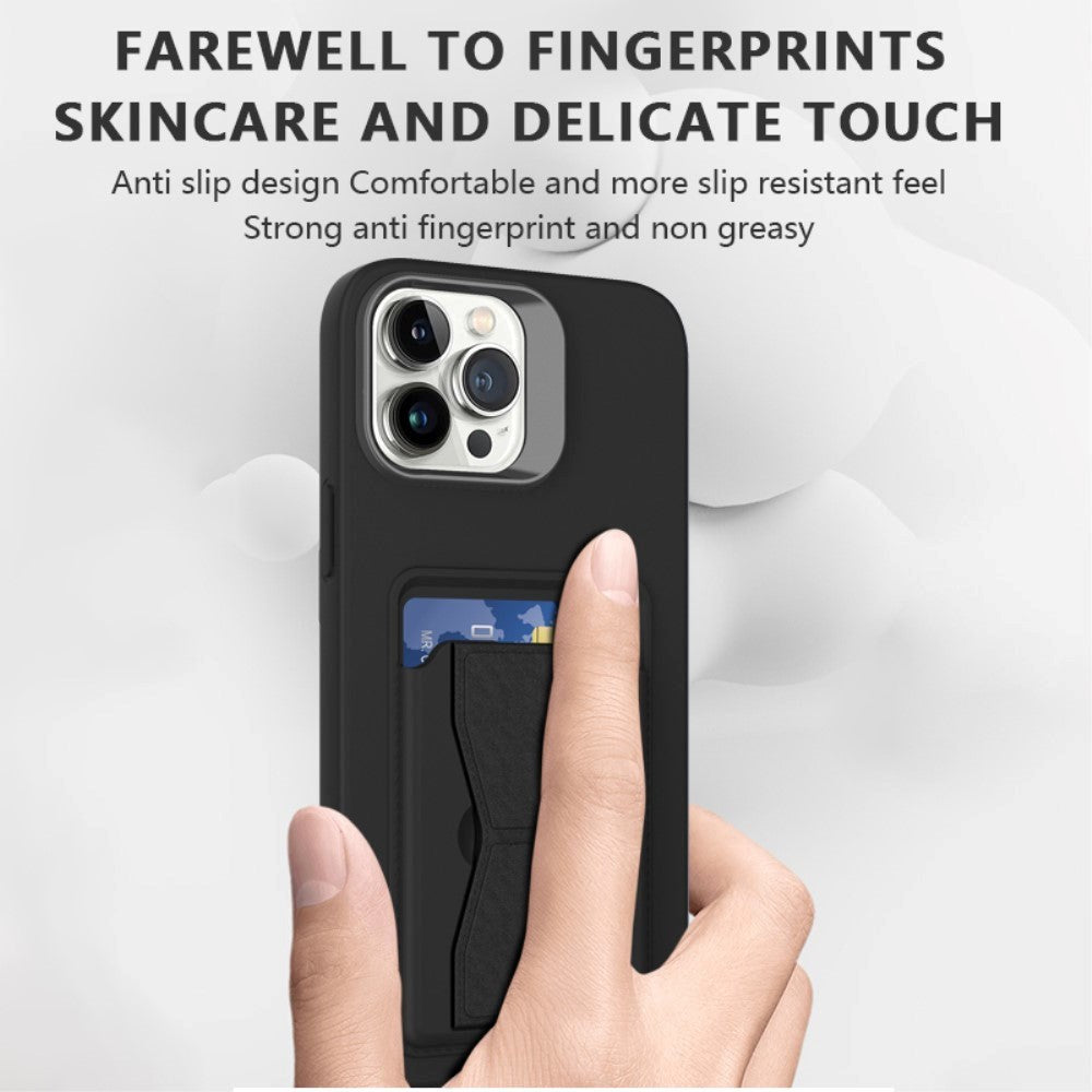 iPhone 15 Pro Fleksibelt Plastik Cover m. Kortholder & Kickstand - Sort