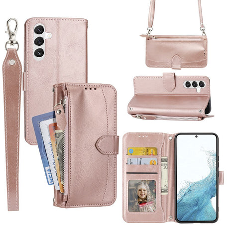 Samsung Galaxy A25 (5G) Læder Cover m. Lynlåslomme & Strop - Rose Gold
