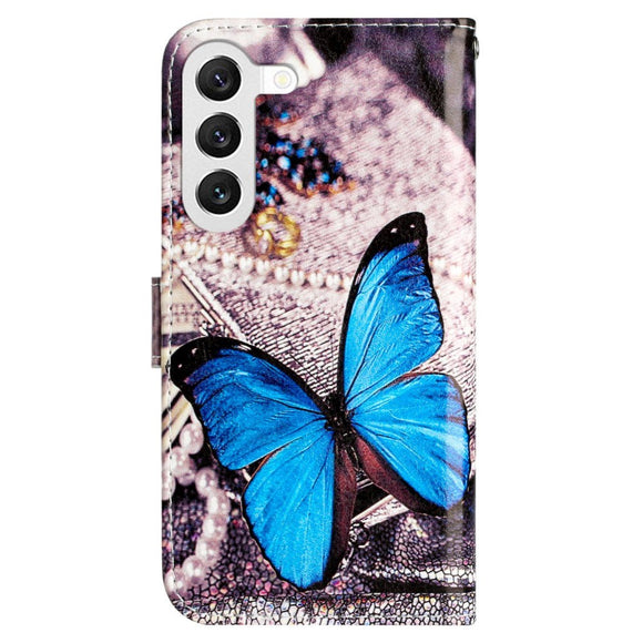 Samsung Galaxy S24 Læder Cover m. Pung og Strop - Blå Sommerfugl