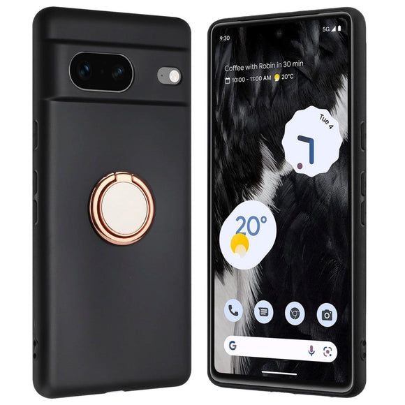 Google Pixel 8a Fleksibelt Plastik Cover m. Ring Kickstand - Sort m. Magnetisk Rose Gold Ring