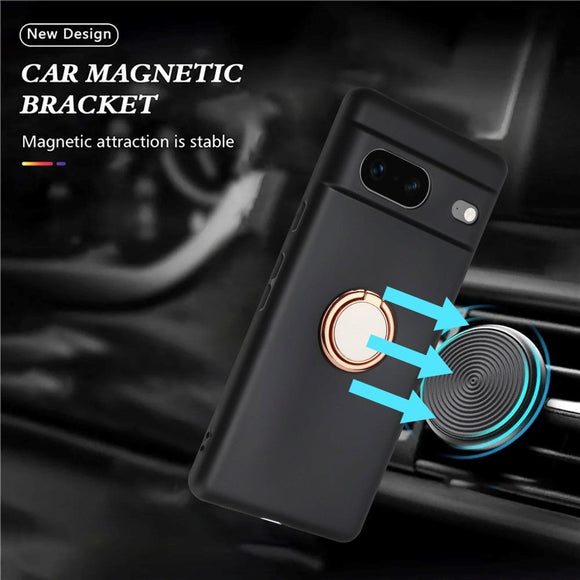 Google Pixel 8a Fleksibelt Plastik Cover m. Ring Kickstand - Sort m. Magnetisk Rose Gold Ring