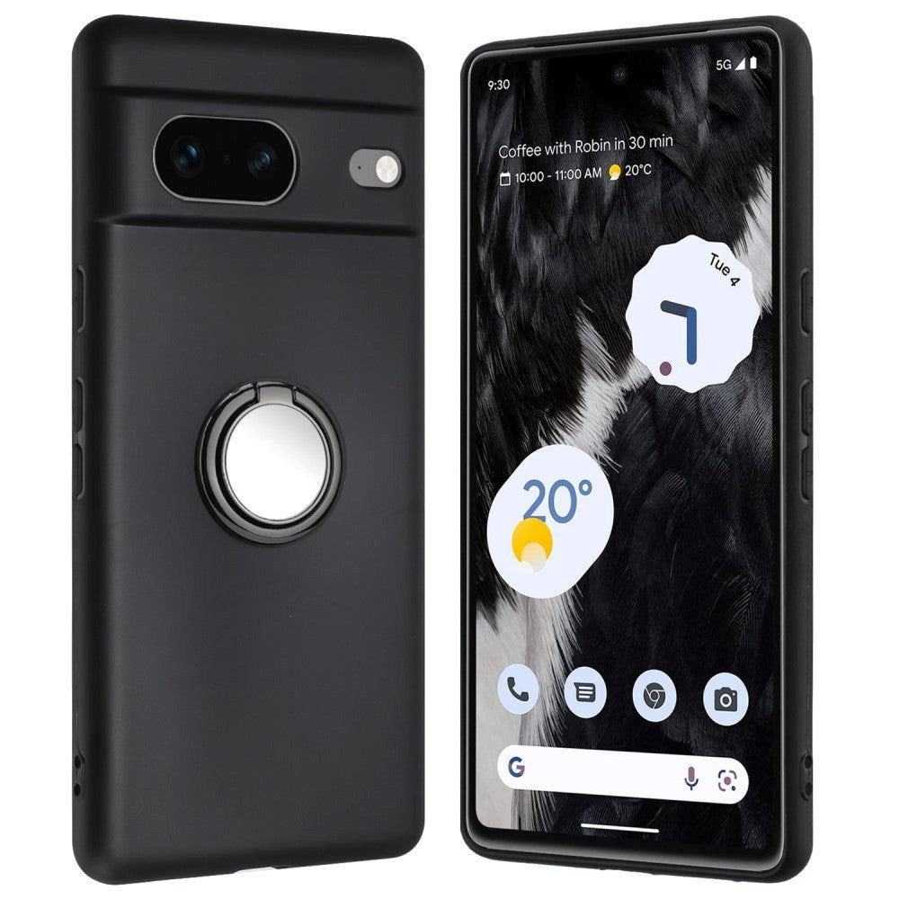 Google Pixel 8a Fleksibelt Plastik Cover m. Ring Kickstand - Sort m. Magnetisk Sort Ring