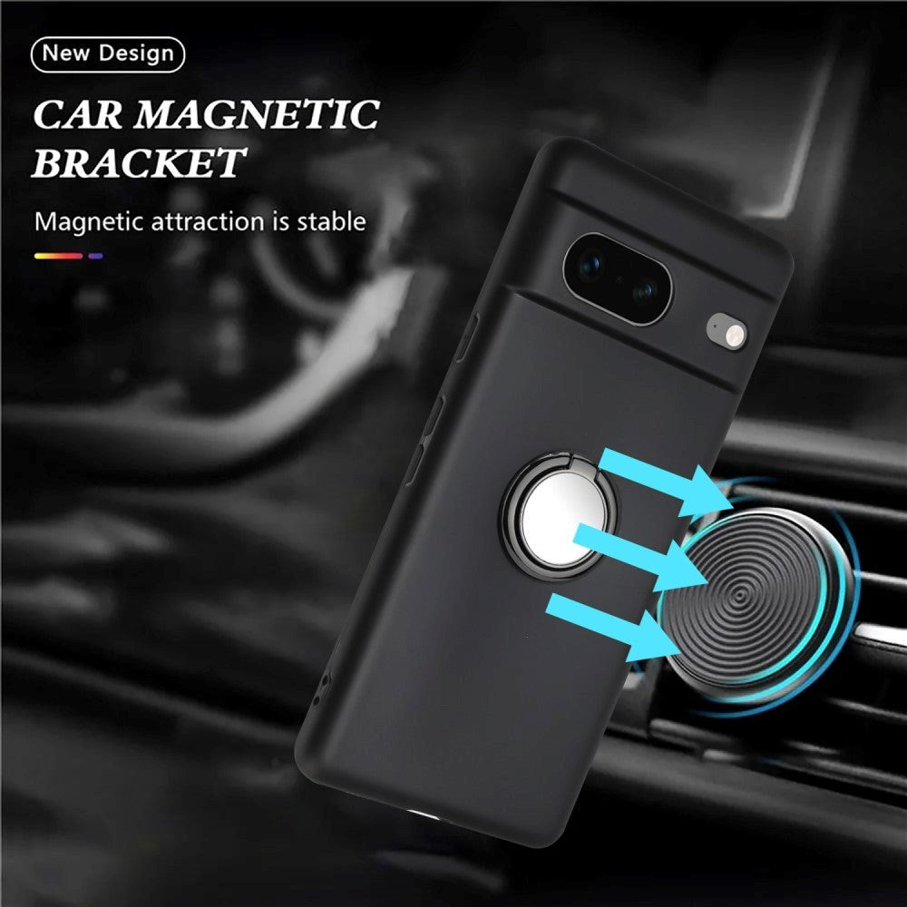 Google Pixel 8a Fleksibelt Plastik Cover m. Ring Kickstand - Sort m. Magnetisk Sort Ring