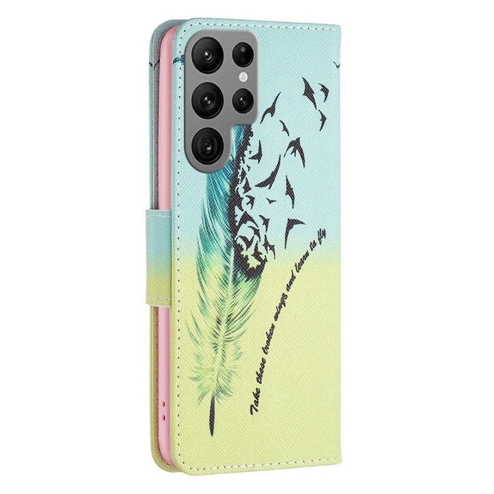 Samsung Galaxy S24 Ultra Læder Cover m. Pung - Fjer med Fugle