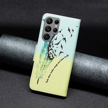 Samsung Galaxy S24 Ultra Læder Cover m. Pung - Fjer med Fugle
