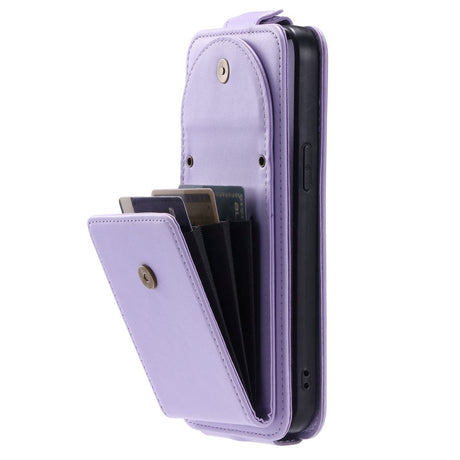 iPhone 15 Pro Vertikalt Læder Flip Cover m. Pung / Ståfunktion / Strop - Lilla