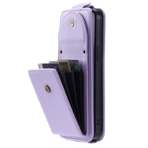 iPhone 15 Pro Vertikalt Læder Flip Cover m. Pung / Ståfunktion / Strop - Lilla