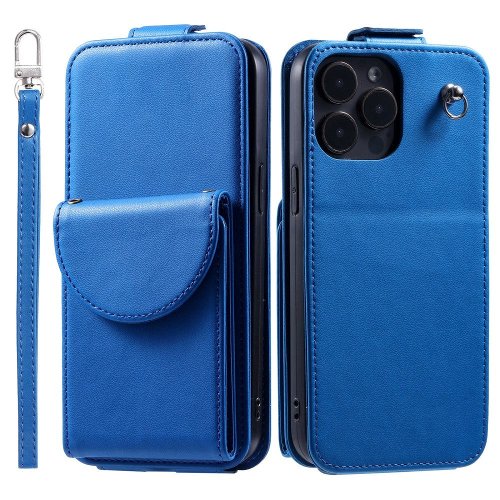 iPhone 15 Pro Vertikalt Læder Flip Cover m. Pung / Ståfunktion / Strop - Blå