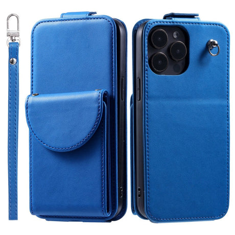 iPhone 15 Pro Vertikalt Læder Flip Cover m. Pung / Ståfunktion / Strop - Blå