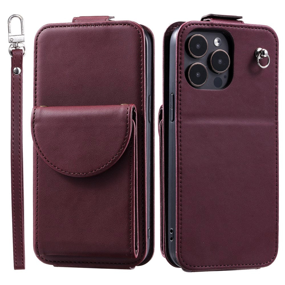 iPhone 15 Pro Vertikalt Læder Flip Cover m. Pung / Ståfunktion / Strop - Rød