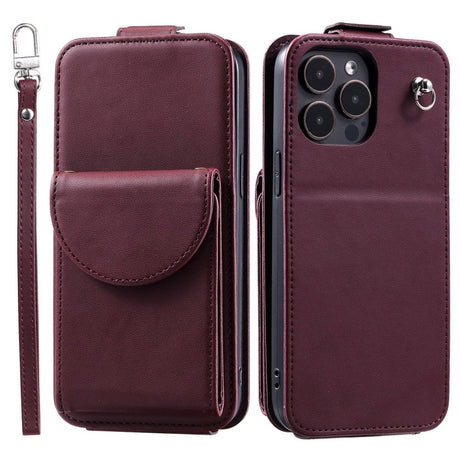 iPhone 15 Pro Vertikalt Læder Flip Cover m. Pung / Ståfunktion / Strop - Rød